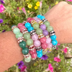 Vibrant colorful Jade with Sparkly Rhinestones Stretchy Bracelet