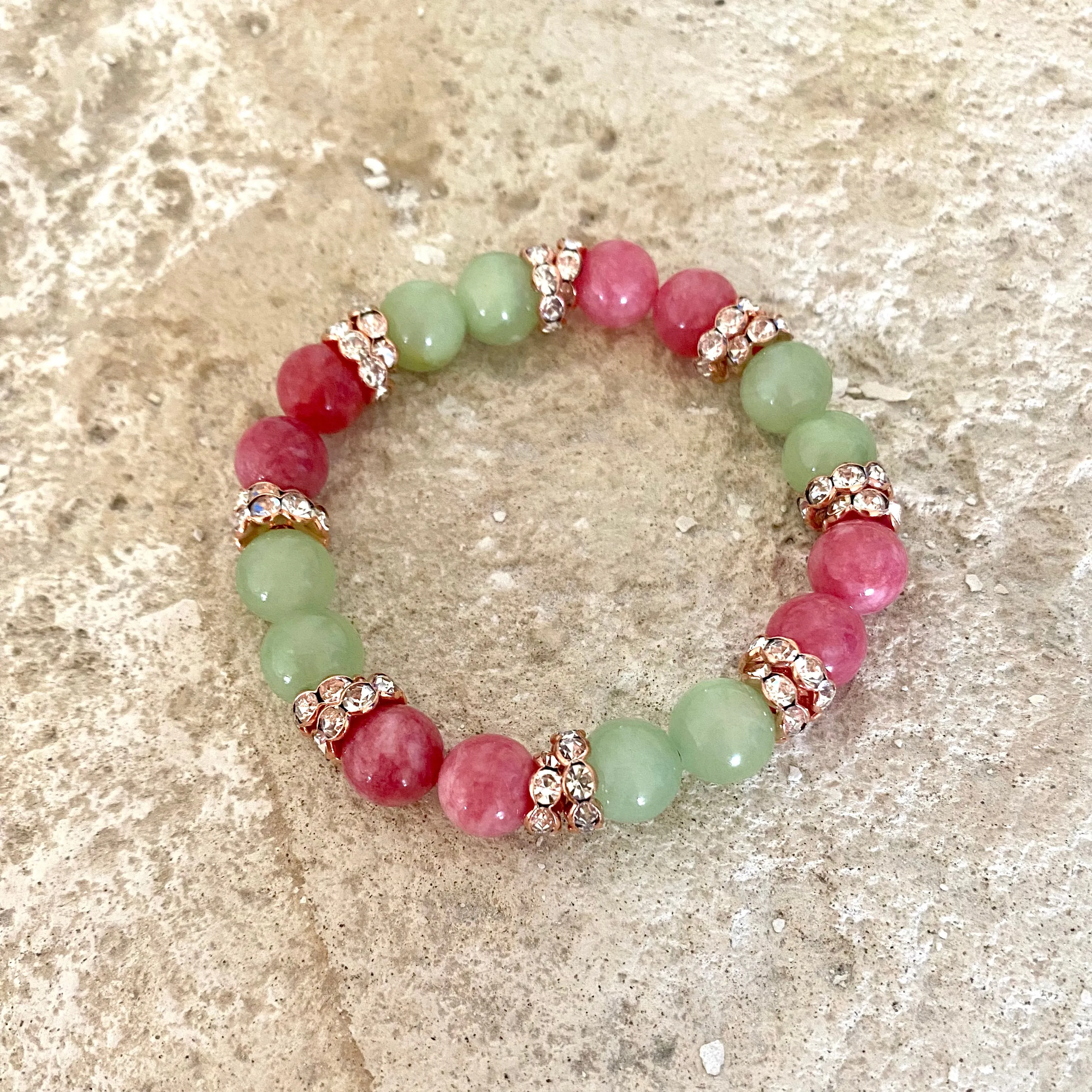 Vibrant colorful Jade with Sparkly Rhinestones Stretchy Bracelet