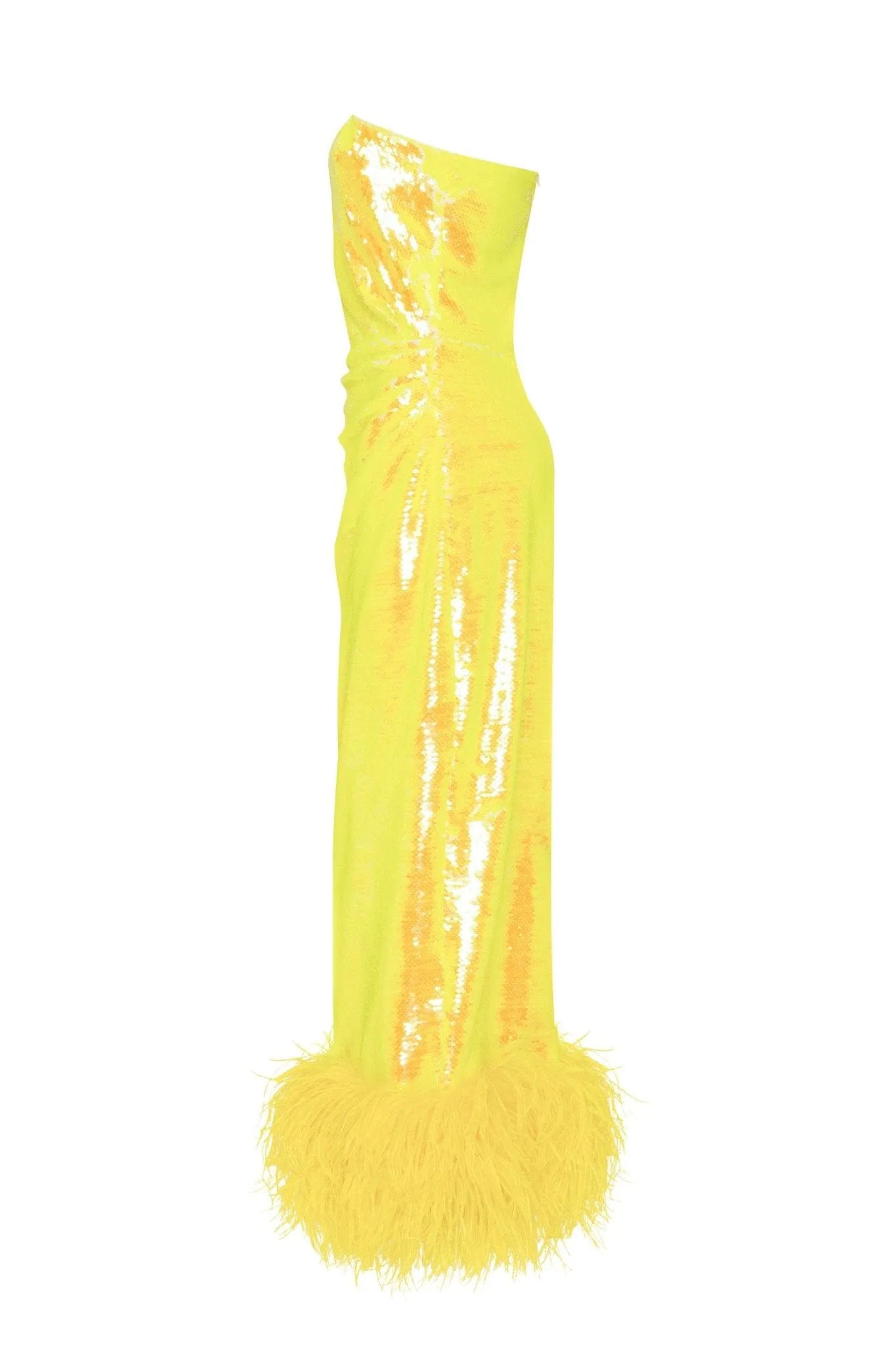 Vivid one-shoulder yellow sparkling wrapped midi dress