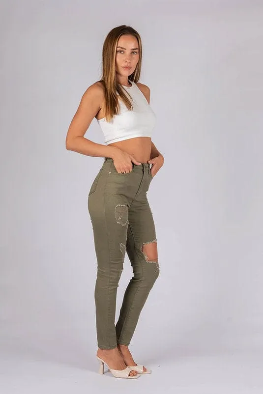 Wakee Denim Jean Distressed Rip Skinny Leg - Olive Dream