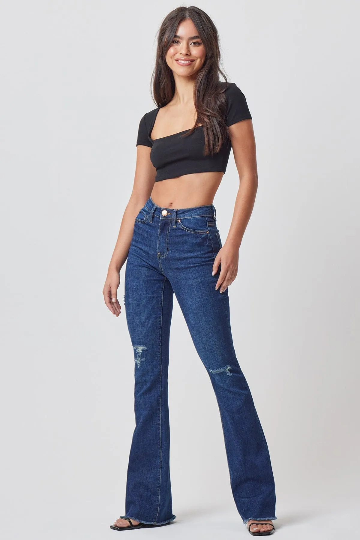 Women's High Rise Flare Jeans With Frayed Hem